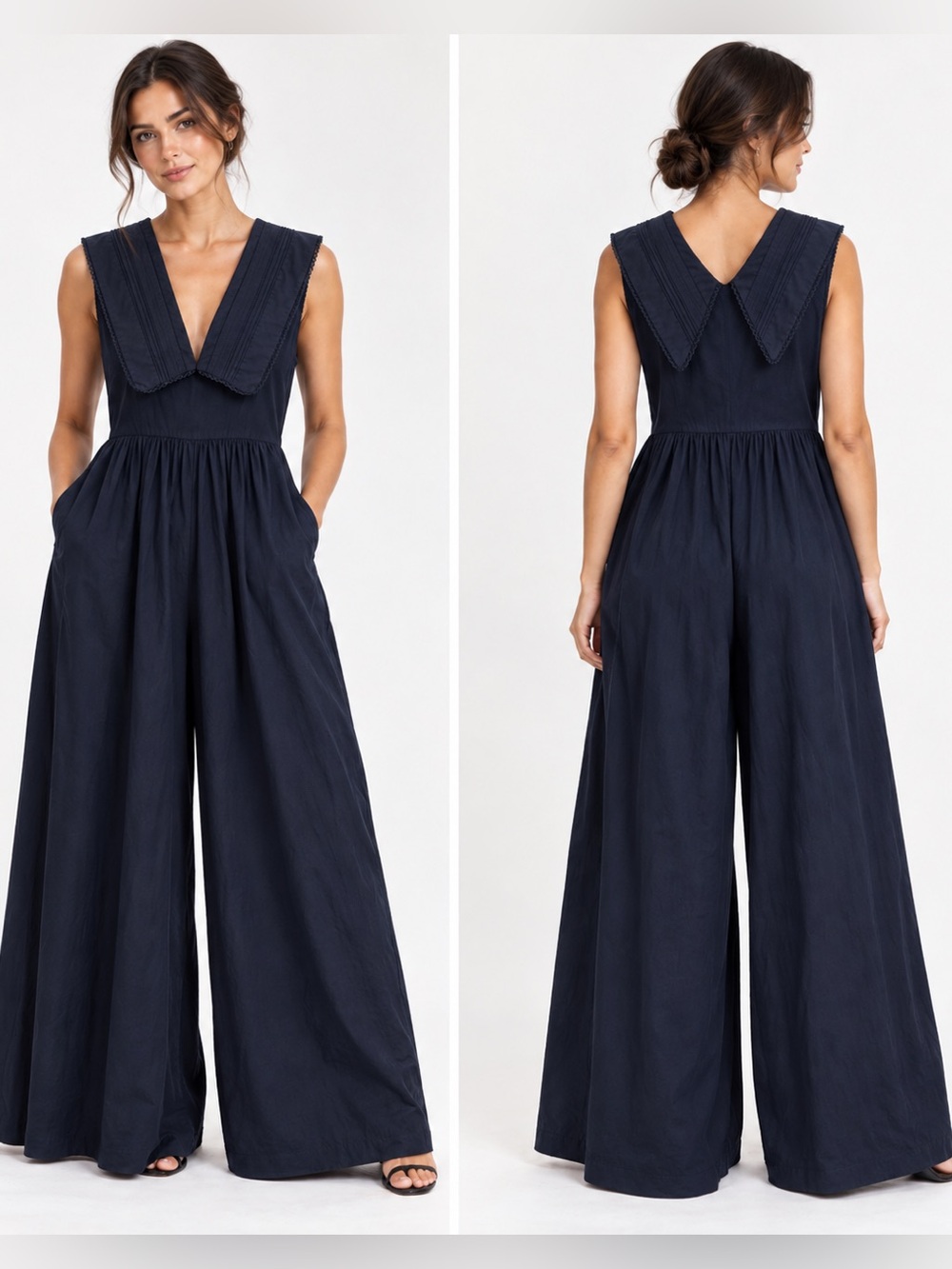 Free People Dark Navy Linen Blend Sailor Collar Wide Leg Jumpsuit Size M